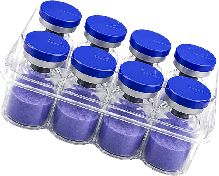 Kit of unlabeled research vials with blue caps in a clear tray, tilted.