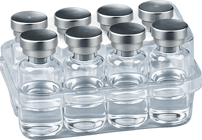 Kit of clear research vials with silver caps in a tray.